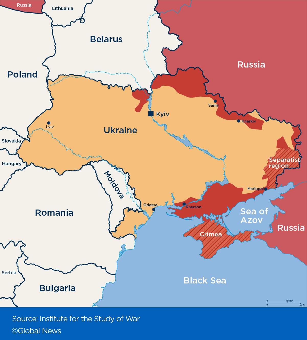 This map shows (in red) the Russian-held parts of Ukraine as of March 23, 2022, one month into the invasion.