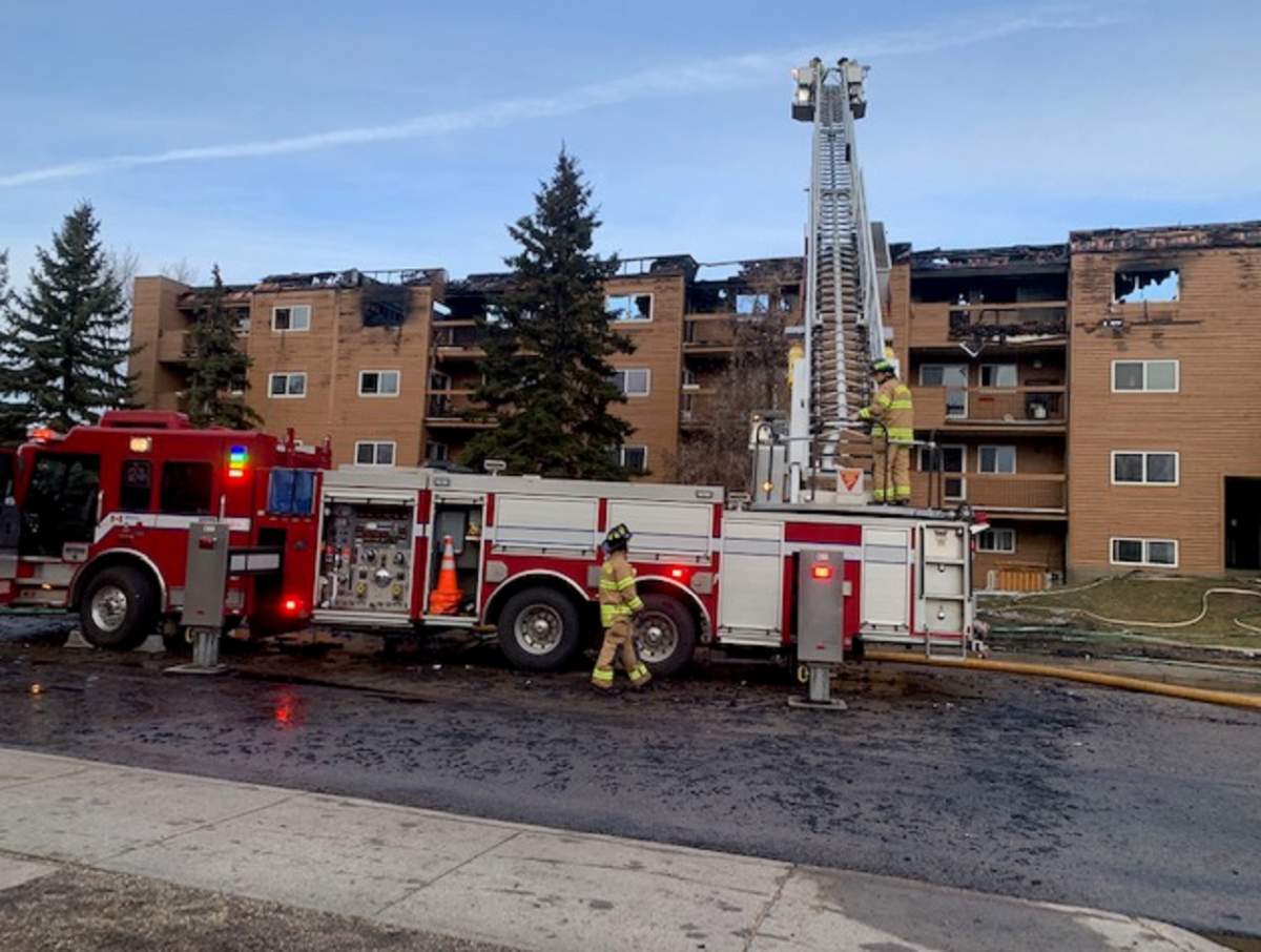 An apartment building in the area of 182 Street and 95 Avenue was extensively damaged by fire the evening of March 30, 2022.