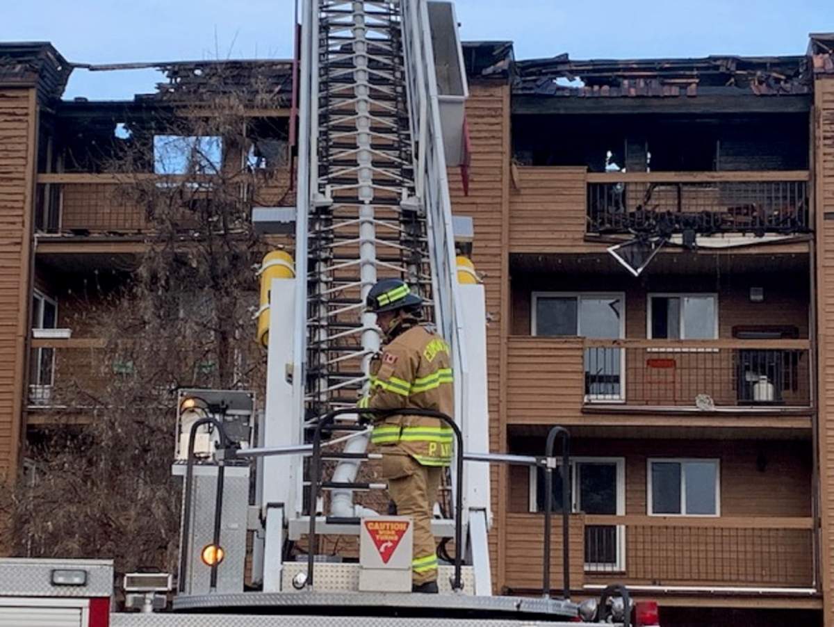 An apartment building in the area of 182 Street and 95 Avenue was extensively damaged by fire the evening of March 30, 2022.
