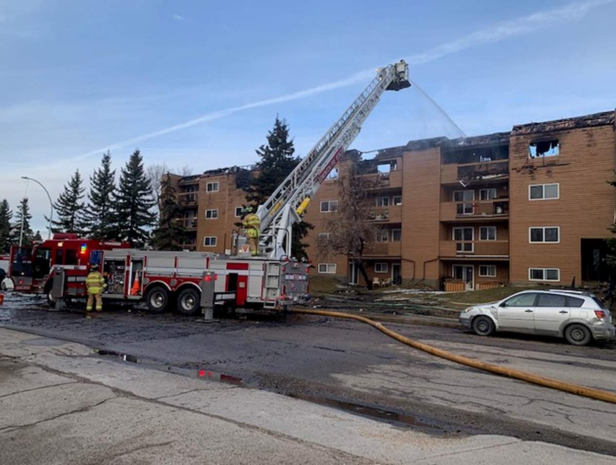 An apartment building in the area of 182 Street and 95 Avenue was extensively damaged by fire the evening of March 30, 2022.