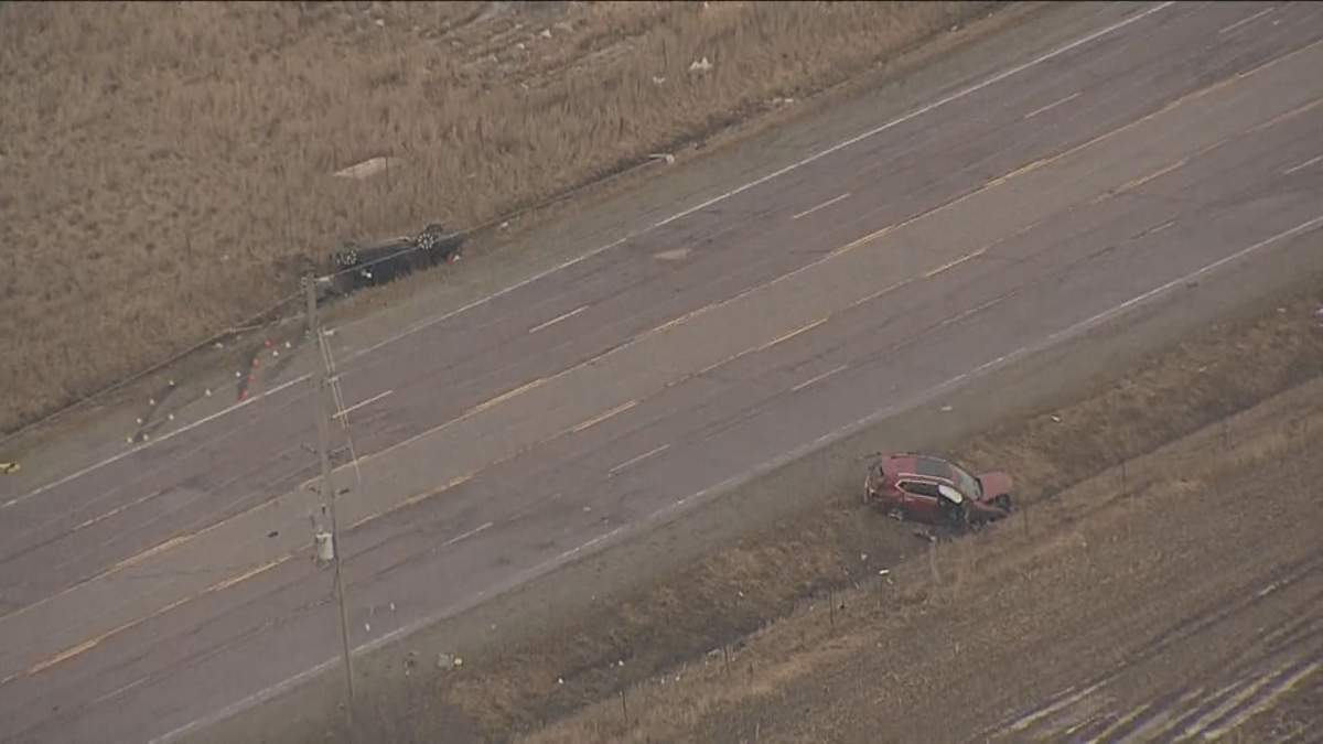 An aerial view of the crash in Brampton on March 31, 2022.