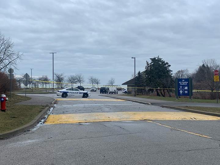 Police on scene after a car went into Lake Ontario in Mississauga on March 24, 2022.