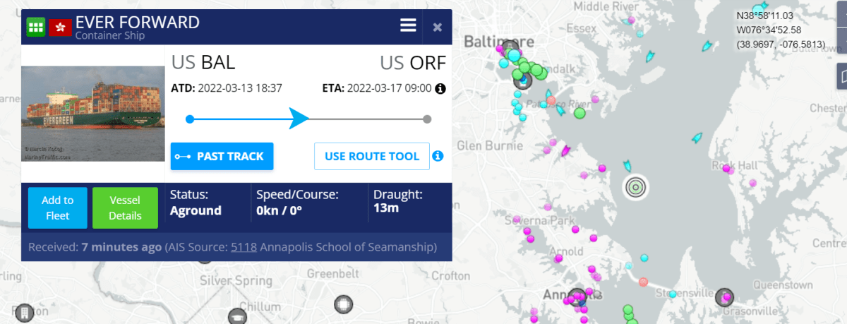 Ever Forward's position in Chesapeake Bay (Source: Marine Traffic).