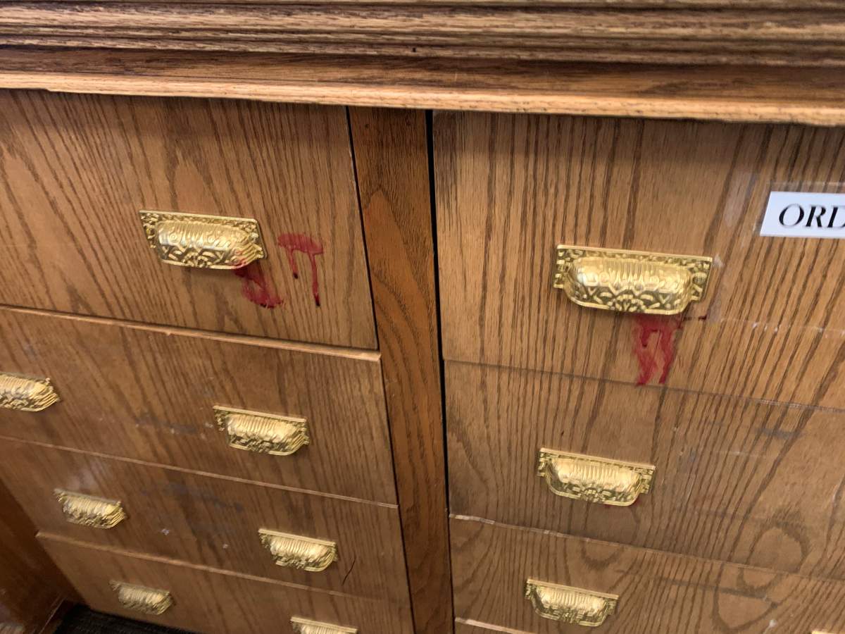 Blood stains on front counter.