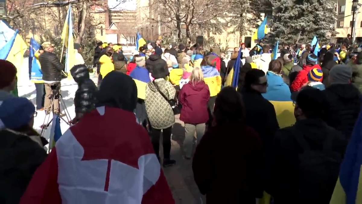 Protestors gathered at Olympic Plaza to denounced the war on Ukraine Mar. 5, 2022.