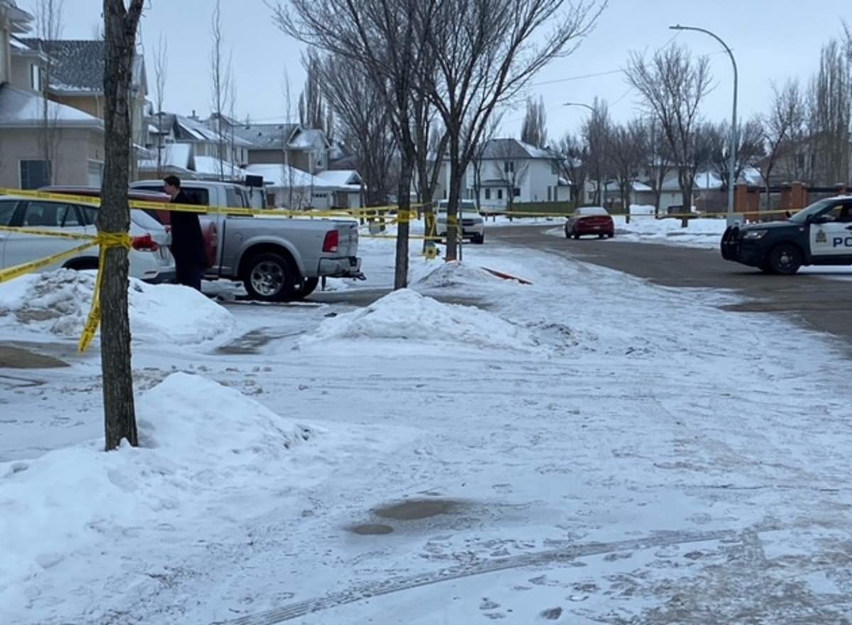 Edmonton police investigate in the area of Heath Road and Riverbend Road Monday, March 14, 2022.