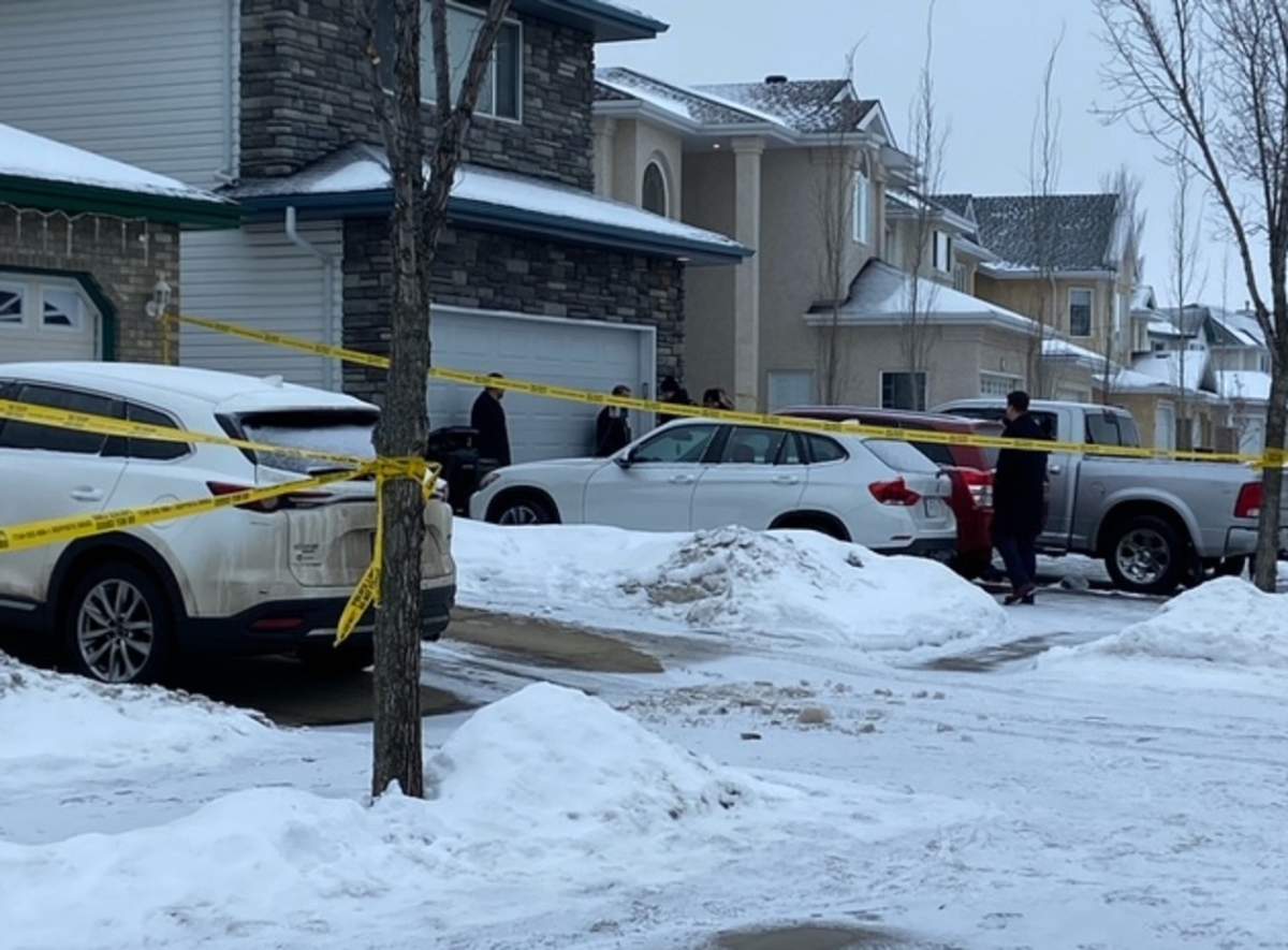 Edmonton police investigate in the area of Heath Road and Riverbend Road Monday, March 14, 2022.