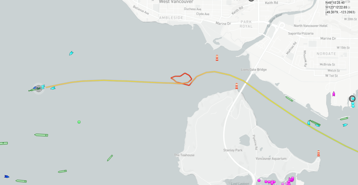 Vessel tracking appears to show the Marvel I losing power after passing the Lions Gate Bridge.