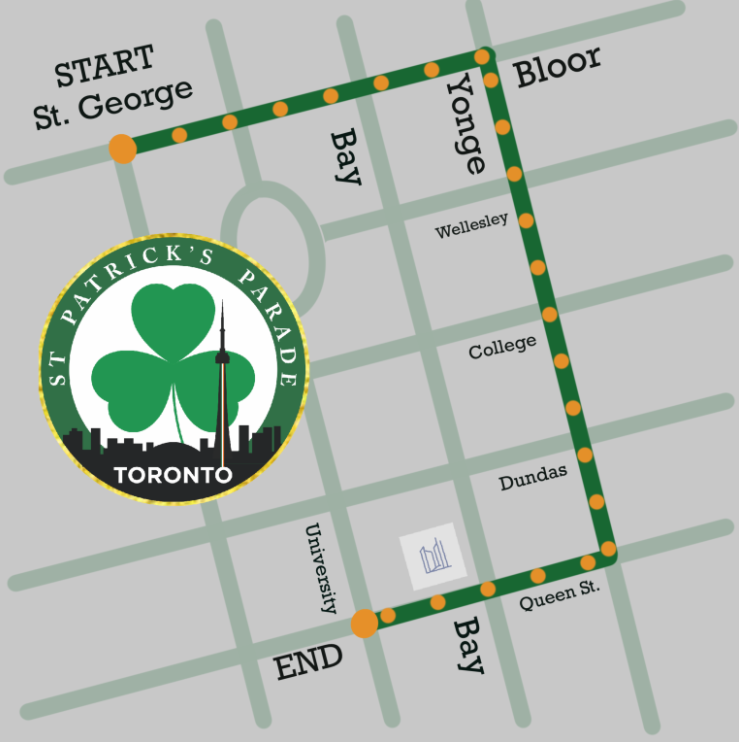 The route of the 2022 Toronto St. Patrick’s Day Parade.