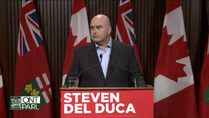 Steven Del Duca speaks to reporters at Queen's Park.