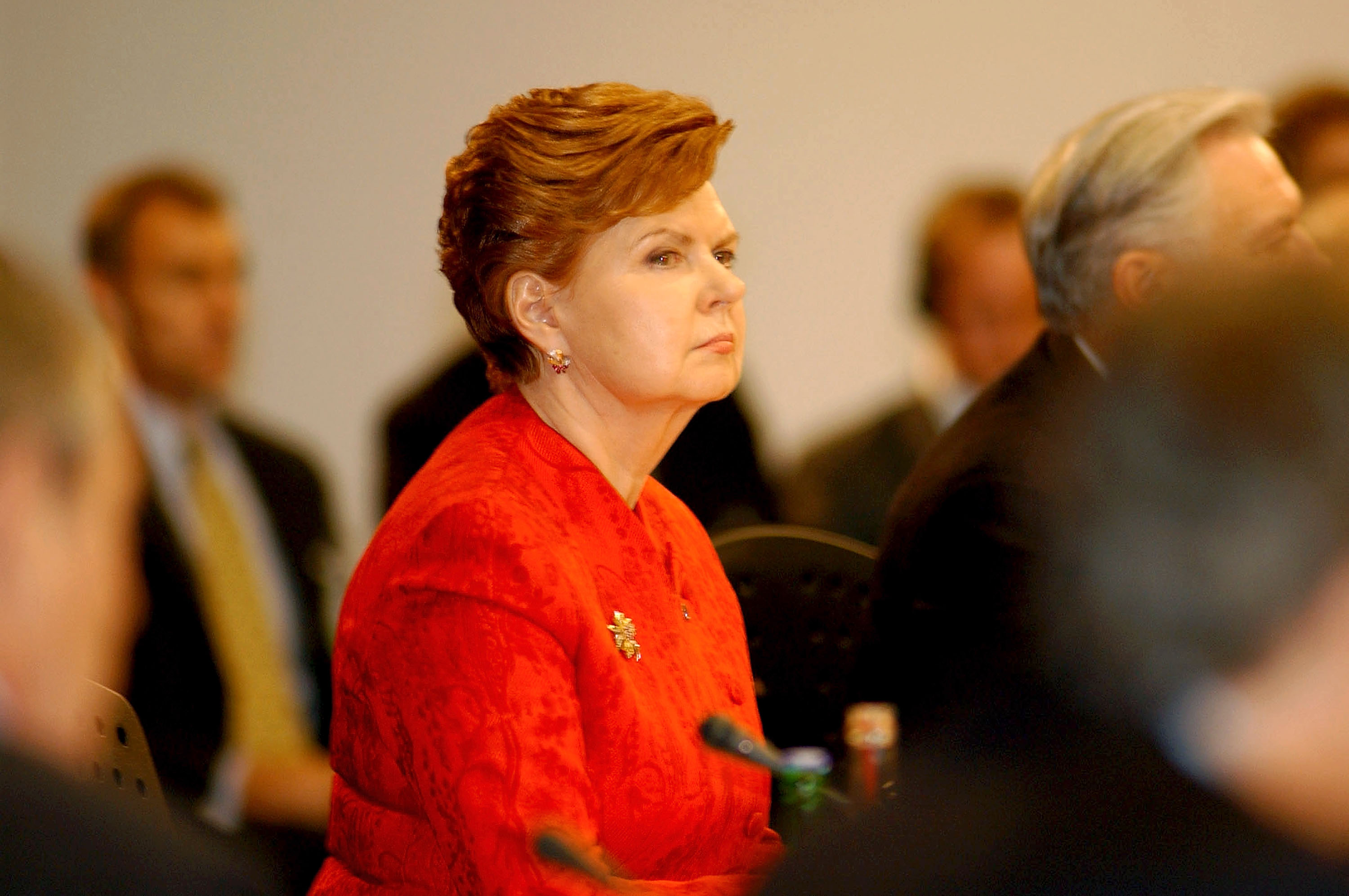Latvian President Vaira Vike-Freiberga at the NATO summit in Prague, Czech Republic, in 2002. (Photo by NATO/Getty Images)