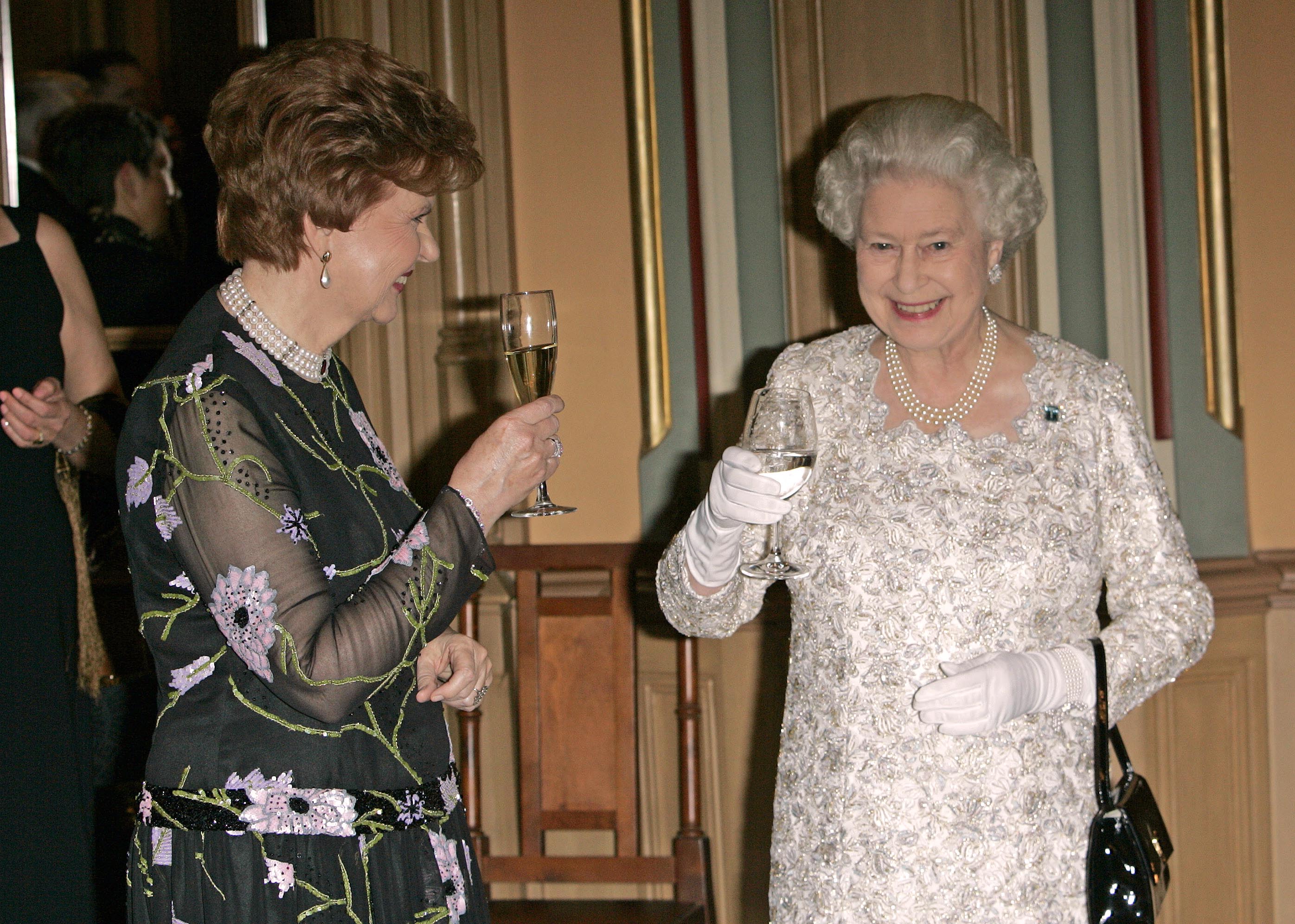 Queen Elizabeth II and Vike-Freiberga at the British Embassy In Riga. (Photo by Mark Cuthbert/UK Press via Getty Images)