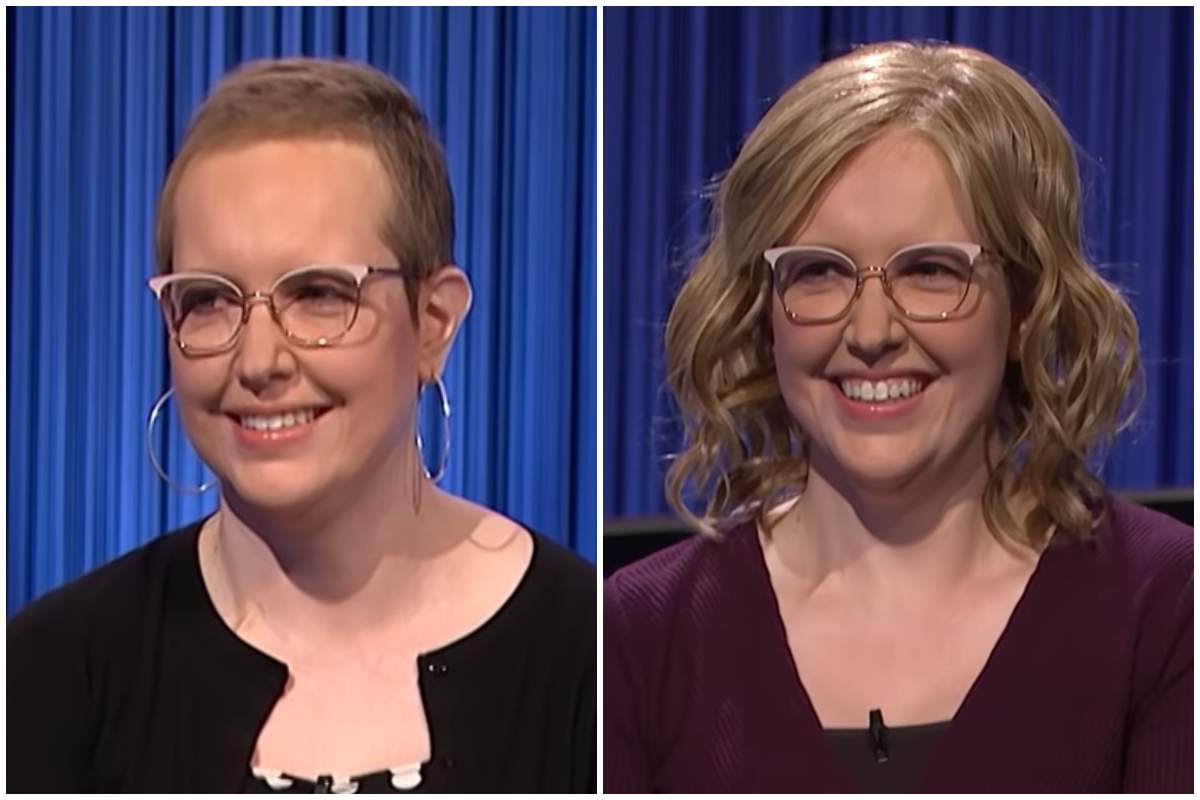Breast cancer survivor Christine Whelchel appears in a split screen. In one photo she's wearing a wig and in the other she's not. .
