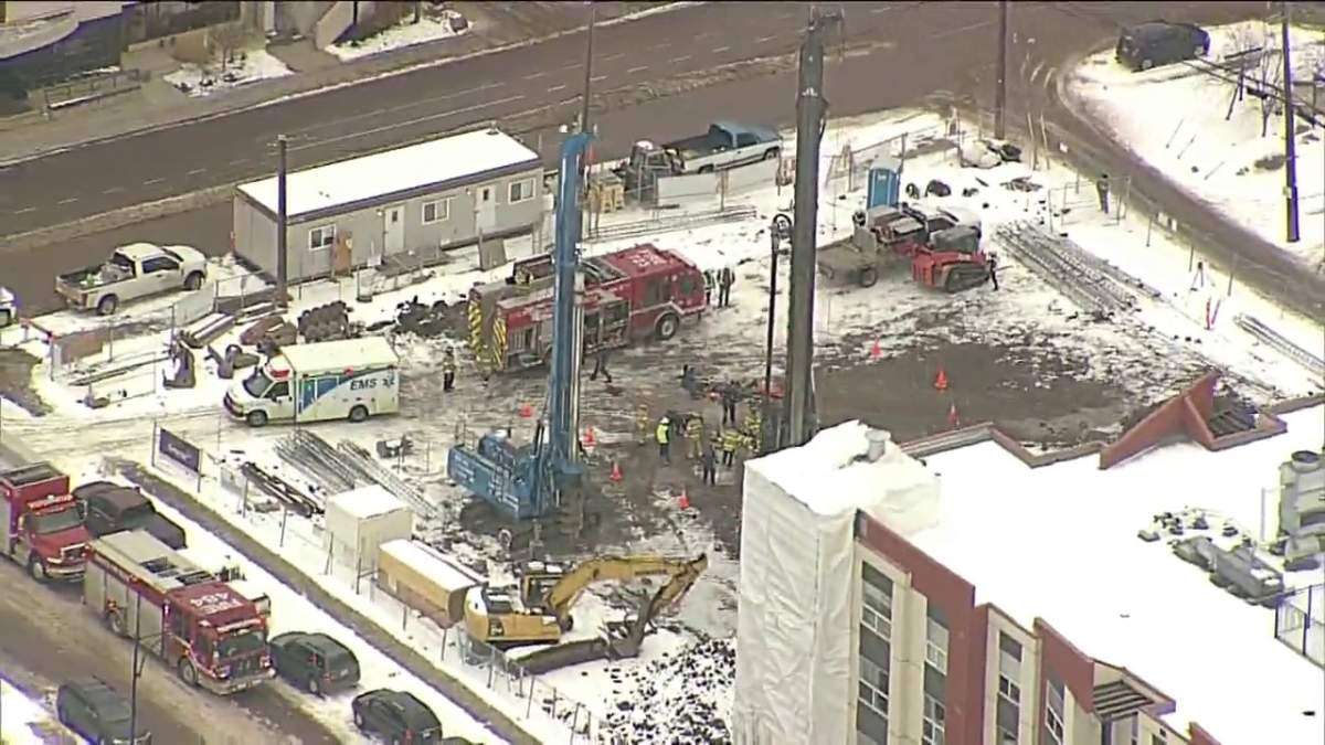 A worker was taken to hospital after falling down a pile hole at a construction site in Edmonton Monday, March 7, 2022.