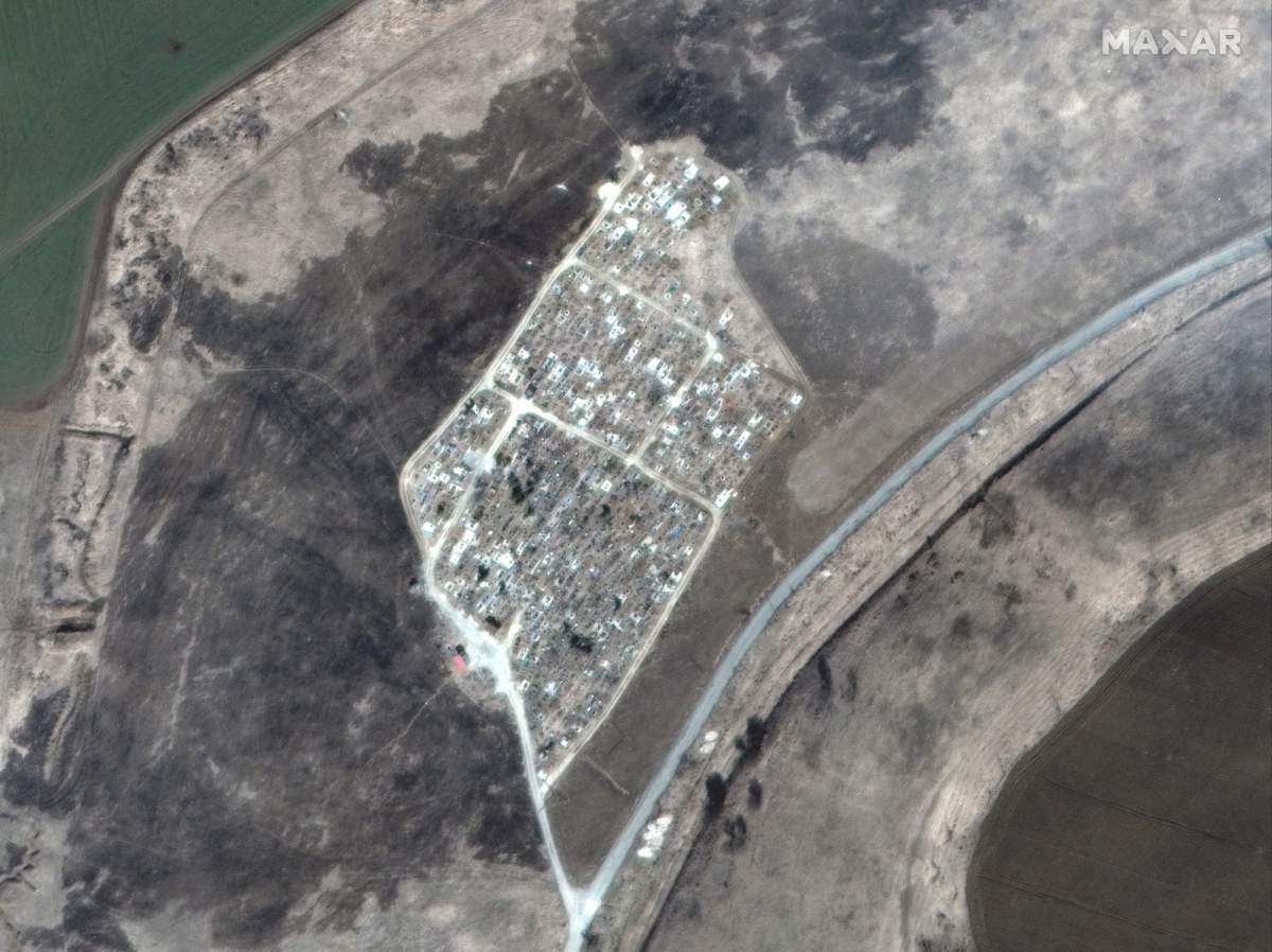 The view of a cemetery near Vynohradne, Ukraine, approximately 12 kilometers east of Mariupol, on March 22, 2022.