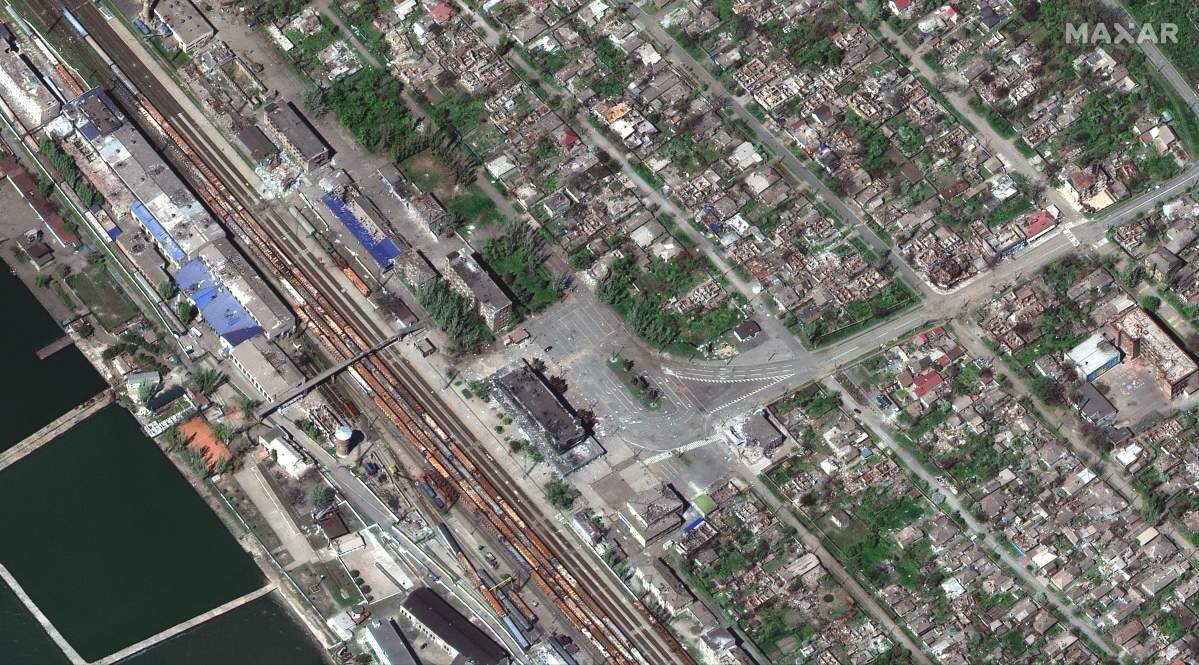 Mariupol train station and destroyed buildings