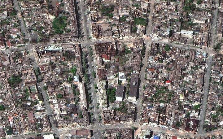 Multiple blocks in Mariupol city with destroyed buildings