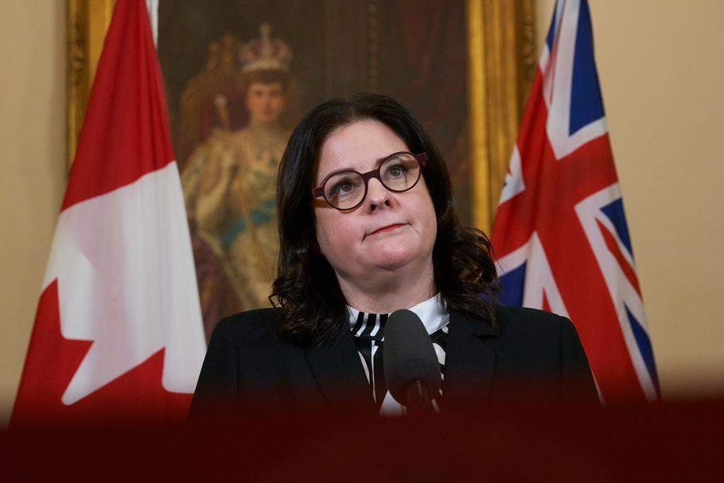 Manitoba Premier Heather Stefanson speaks to the media at the Manitoba Legislative Building in Winnipeg, Tuesday, Jan. 18, 2022. Manitoba's Progressive Conservative government is signalling that its upcoming budget will pump more money into health care and offer some sort of protection against rising inflation.