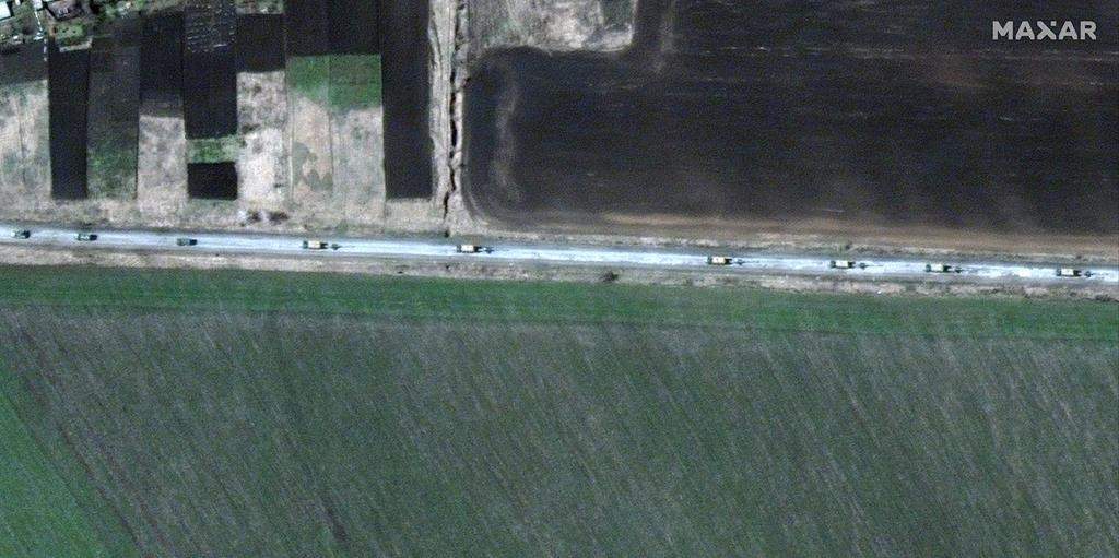 This satellite image provided by Maxar Technologies shows an overview of trucks with towed artillery moving the south, around Velykyi Burluk, east of Kharkiv, eastern Ukraine, on April 8, 2022.