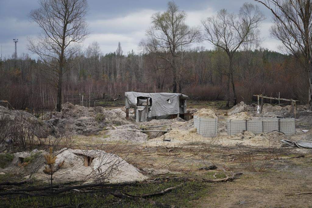 Russian trenches and firing positions in the highly radioactive Red Forest near the Chornobyl nuclear power plant in Ukraine, on April 16, 2022. (AP Photo/Efrem Lukatsky)