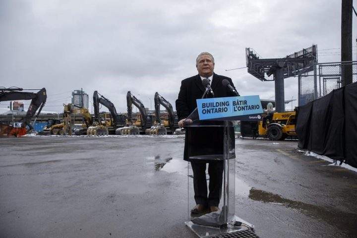 Ontario Premier Doug Ford speaks during a groundbreaking announcement for the Ontario Line, a public transit route proposed for Toronto, Sunday, March 27, 2022. THE CANADIAN PRESS/Cole Burston