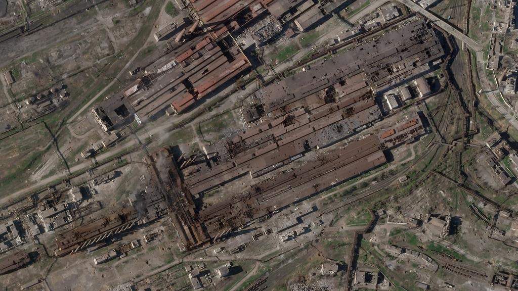 This satellite image from Planet Labs PBC shows damage at the Azovstal steelworks in Mariupol, Ukraine, Sunday, April 24, 2022. (Planet Labs PBC via AP)