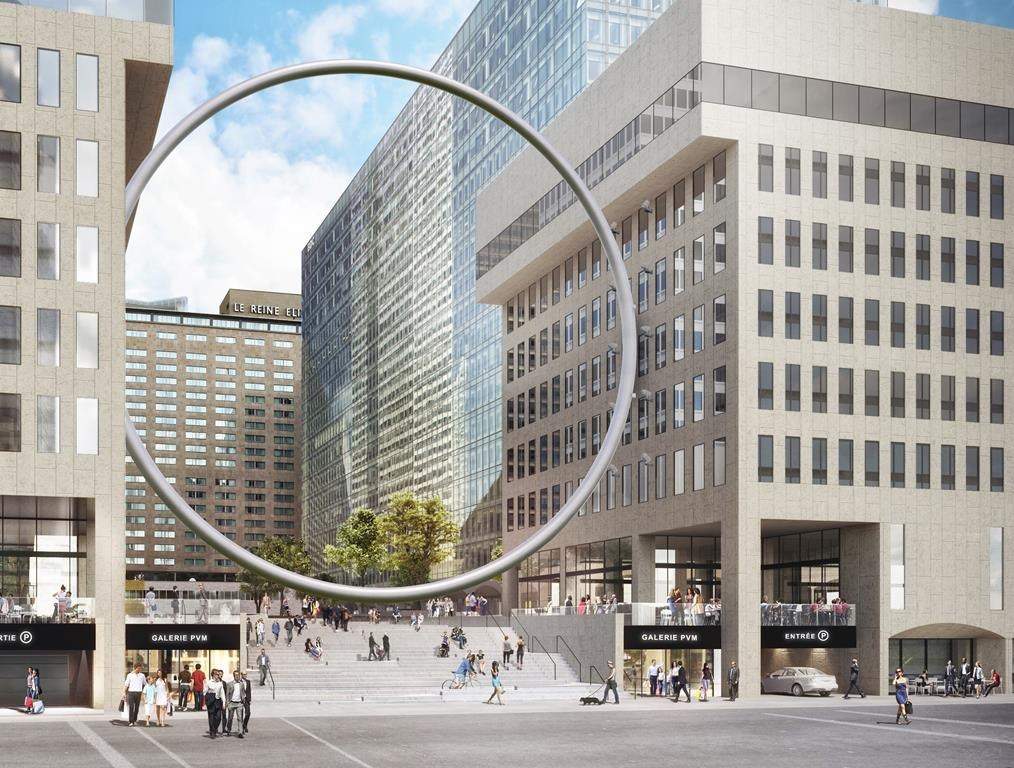 An architectural rendering of The Ring by Claude Cormier + Associés is shown in this undated handout photo. The giant steel ring weighing more than 23,000 kilograms will soon loom over downtown Montreal, all in the name of public art. THE CANADIAN PRESS/HO-Ivanhoe Cambridge *MANDATORY CREDIT*