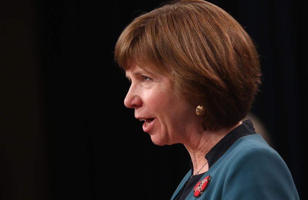 Sheila Malcolmson speaks during a news conference in the press gallery at the Legislature in Victoria, Monday, Nov. 1, 2021. British Columbia has introduced legislation that would allow people to get independent advice about their rights after they've been involuntarily detained for treatment of a severe mental health disorder. The mental health and addictions minister says the rights-advice service is aimed at assuring people will be treated fairly. THE CANADIAN PRESS/Chad Hipolito.