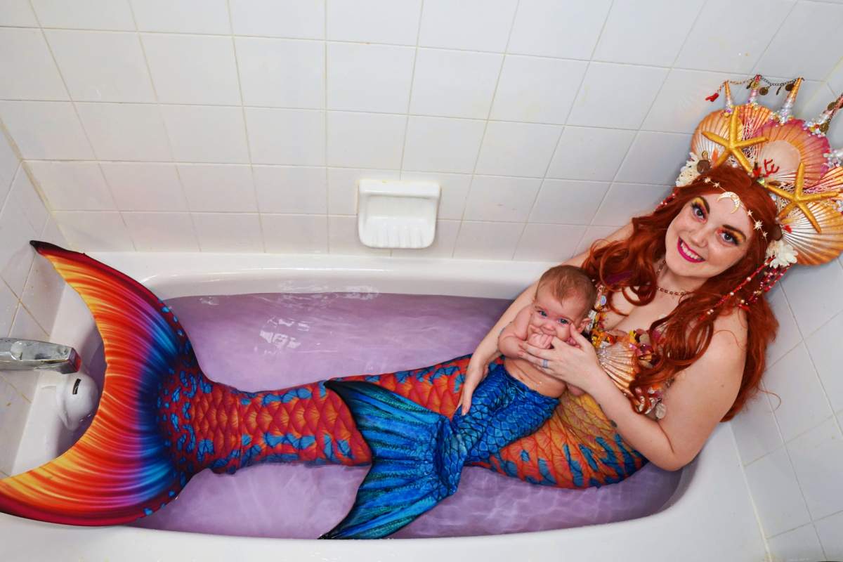 Norman, a professional mermaid, said River has always loved being in the water and is spending much of his recovery playing in the tub.