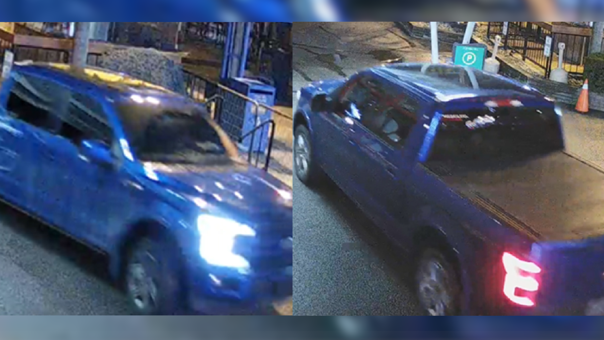 Police are seeking a blue Ford F-150 Super Crew 4-door pick-up seen fleeing an early April shooting on Clifton Hill in Niagara Falls. The vehicle has dark tinted windows, a tri-fold tonneau cover, and a moonroof. Visible damage may be present around a door handle and the front licence plate, according to homicide detectives.