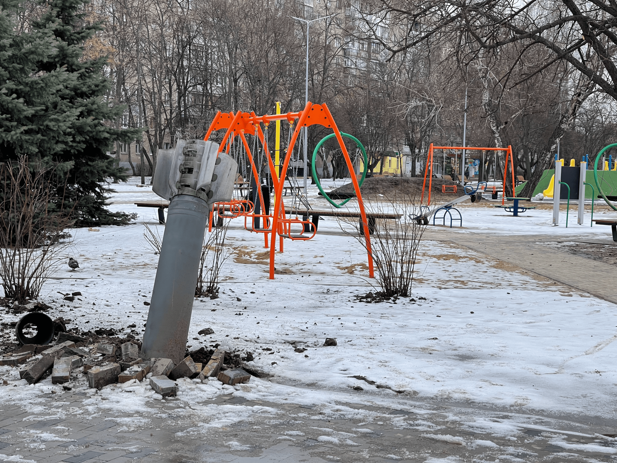 A Grad missile fell in a children’s playground in Kharkiv, February 28, 2022.