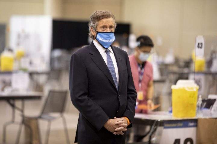Toronto Mayor John Tory attends an announcement at a Covid vaccine centre in Toronto. 