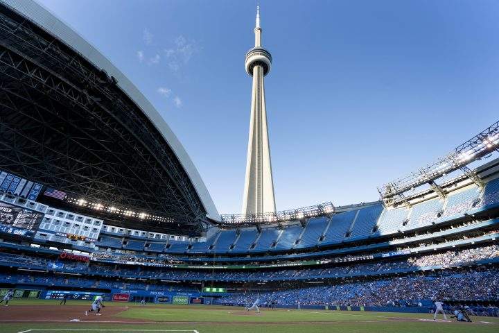 Toronto Blue Jays starting pitcher Ross Stripling (48) throws the opening pitch of the Toronto Blue Jays first home game of the 2021 season at the Rogers Centre in Toronto against the Kansas City Royals during MLB action on Friday, July 30, 2021.