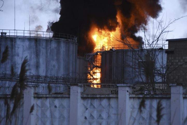 Smoke and fire is seen after shelling in Odesa, Ukraine, Sunday, April 3, 2022.