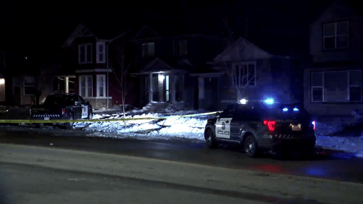 Calgary police blocked off a 200 block of Saddlecrest Boulevard N.E. after reports of a shooting on April 20, 2022.