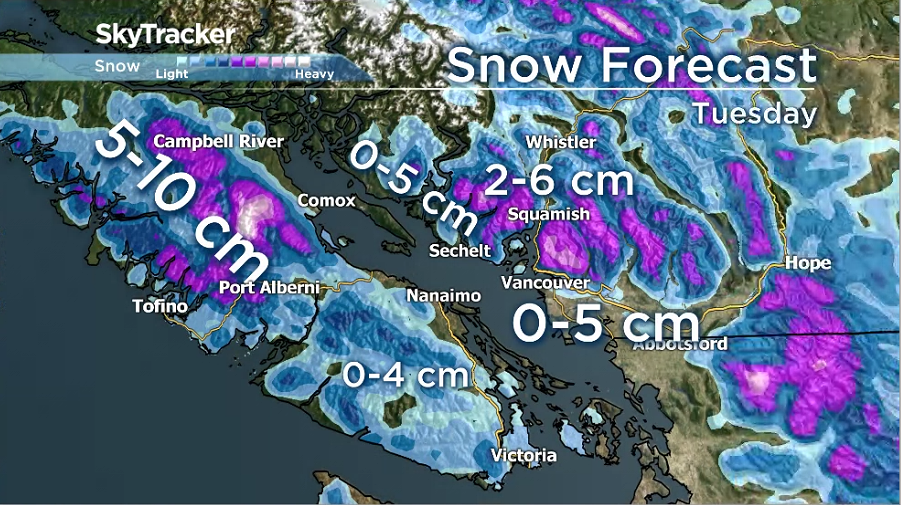 Zero to five centimeters of snow is possible Tuesday across Metro Vancouver