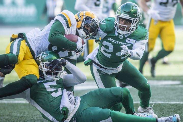 Edmonton Elks wide receiver Earnest Edwards (81) gets tackled by Saskatchewan Roughriders defensive back Loucheiz Purifoy (5) and Saskatchewan Roughriders defensive back Damon Webb (24) during first half CFL football action in Regina, Saturday, Nov. 13, 2021. 
