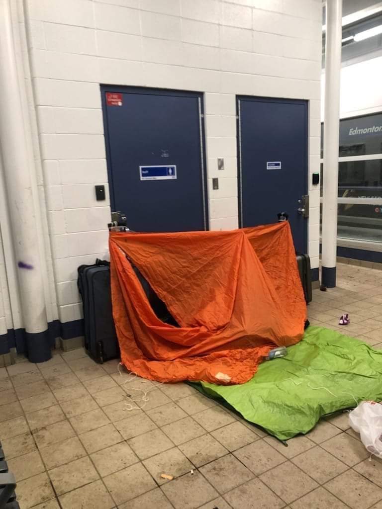 A makeshift shelter inside the LRT station