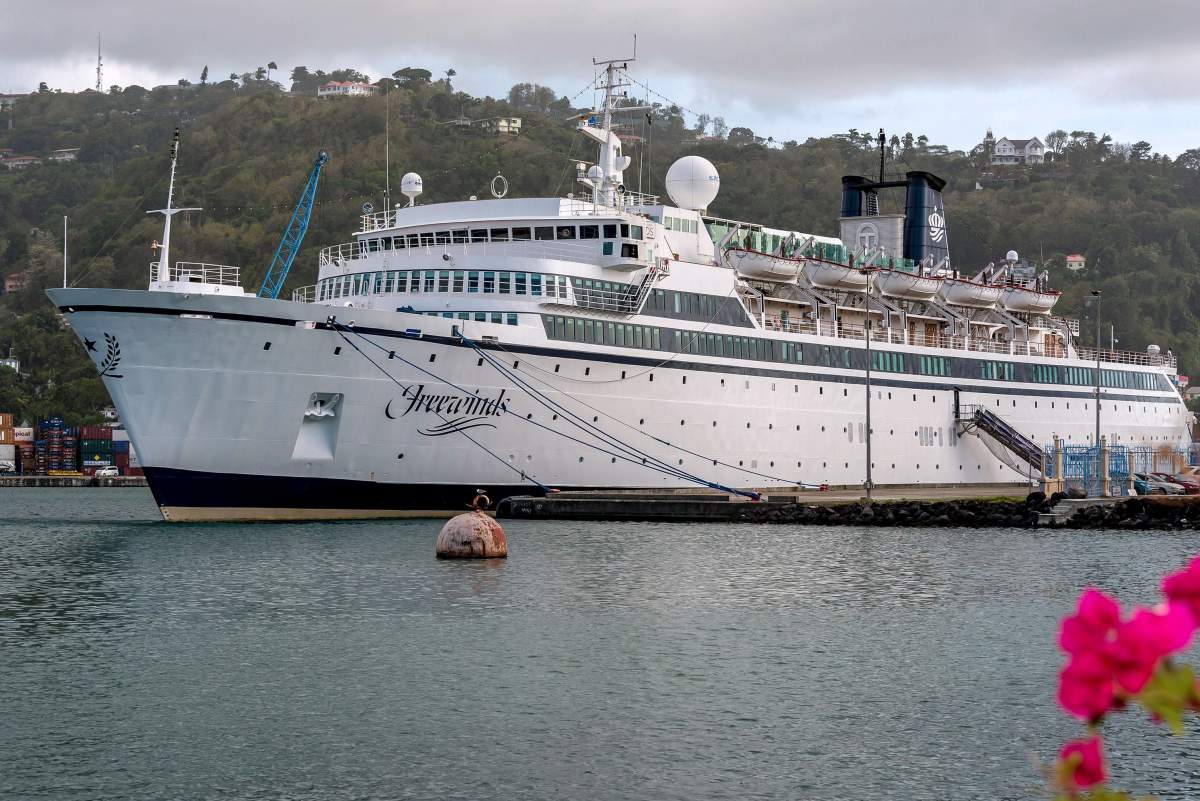 The Freewinds cruise ship owned by the Church of Scientology is seen docked in quarantine at the Point Seraphine terminal in Castries, Saint Lucia, on May 2, 2019, after a measles case was detected onboard.