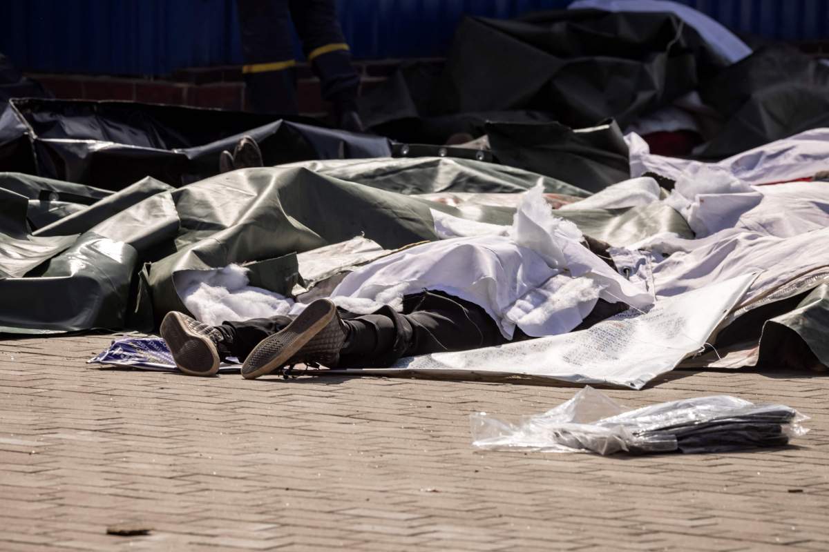 Bodies are covered with plastic sheets after a rocket attack killed at least 35 people on April 8, 2022 at a train station in Kramatorsk, eastern Ukraine, that was being used for civilian evacuations.