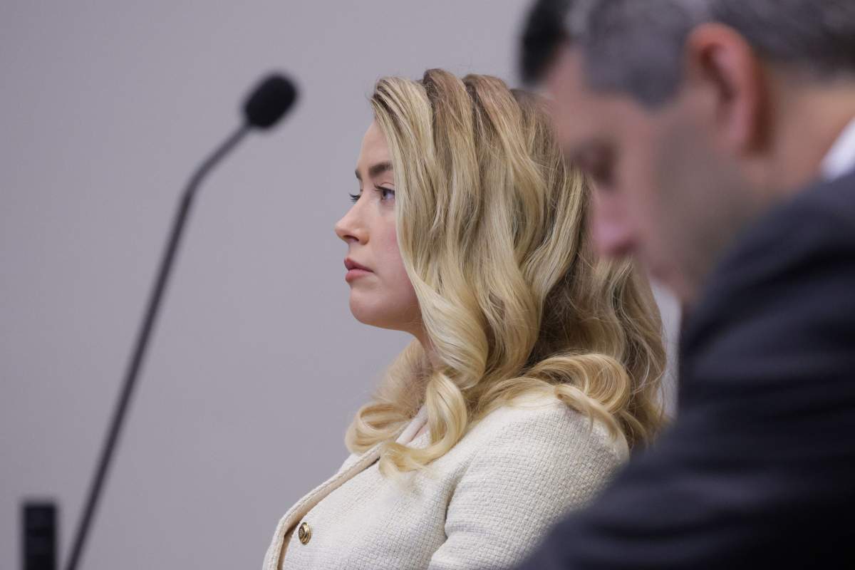 Actress Amber Heard attends the defamation trial against her at the Fairfax County Circuit Courthouse in Fairfax, Virginia, April 20, 2022.
