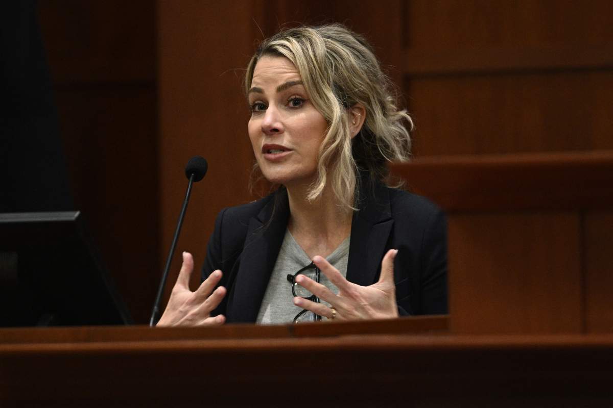 Clinical and forensic psychologist Dr. Shannon Curry testifies in the courtroom at the Fairfax County Circuit Courthouse in Fairfax, Virginia, April 26, 2022.