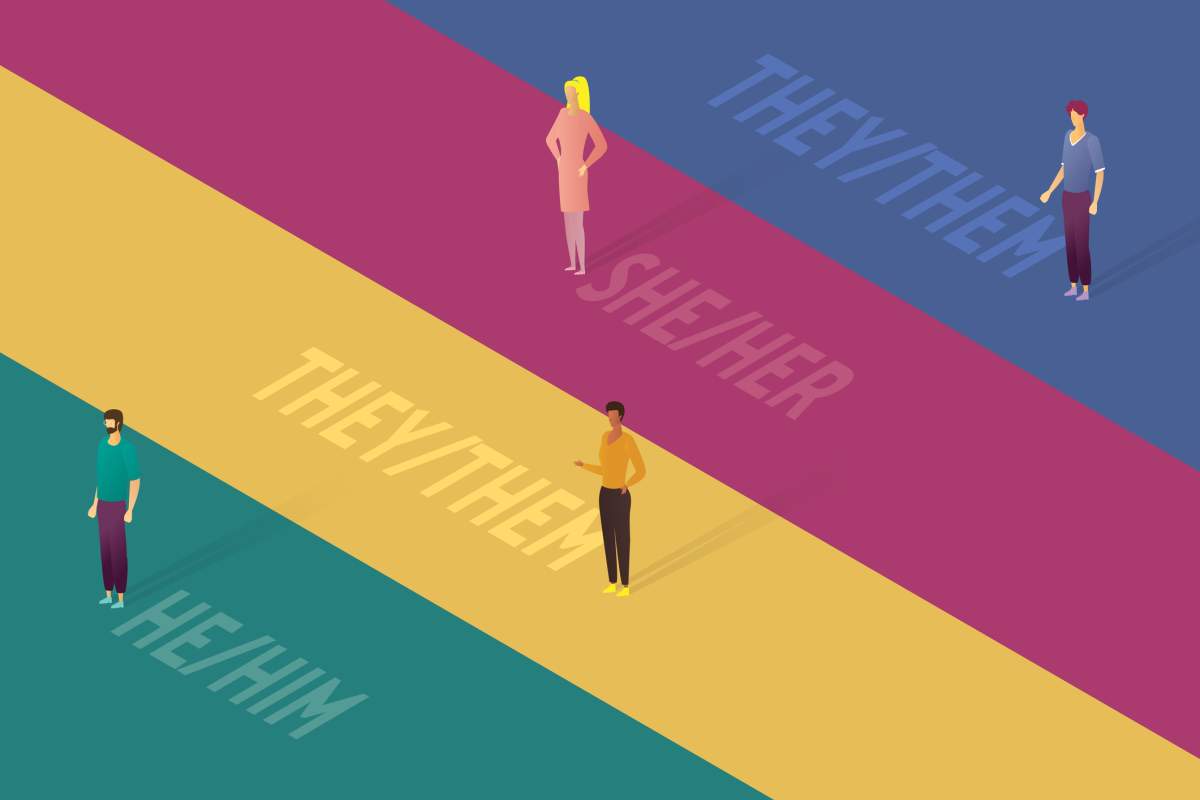 An illustration of teenagers standing on coloured stripes with gender pronouns written on them.