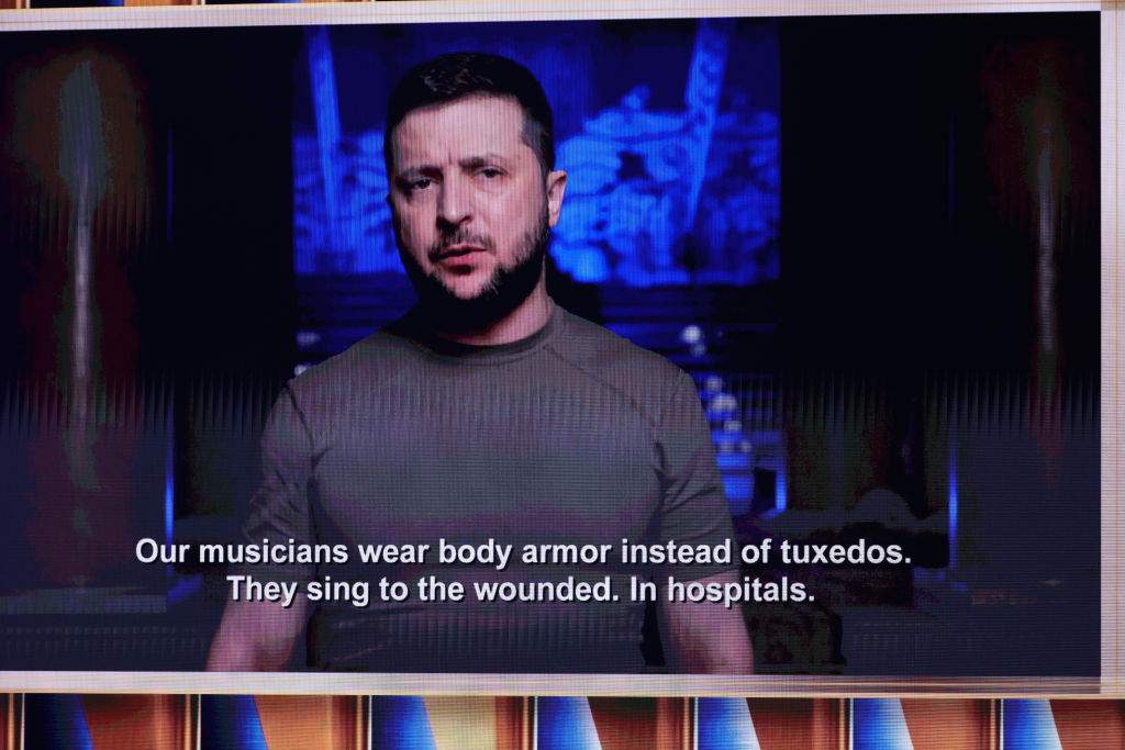 President of Ukraine Volodymyr Zelenskyy speaks on screen during the 64th Annual GRAMMY Awards at MGM Grand Garden Arena on April 03, 2022 in Las Vegas, Nevada.