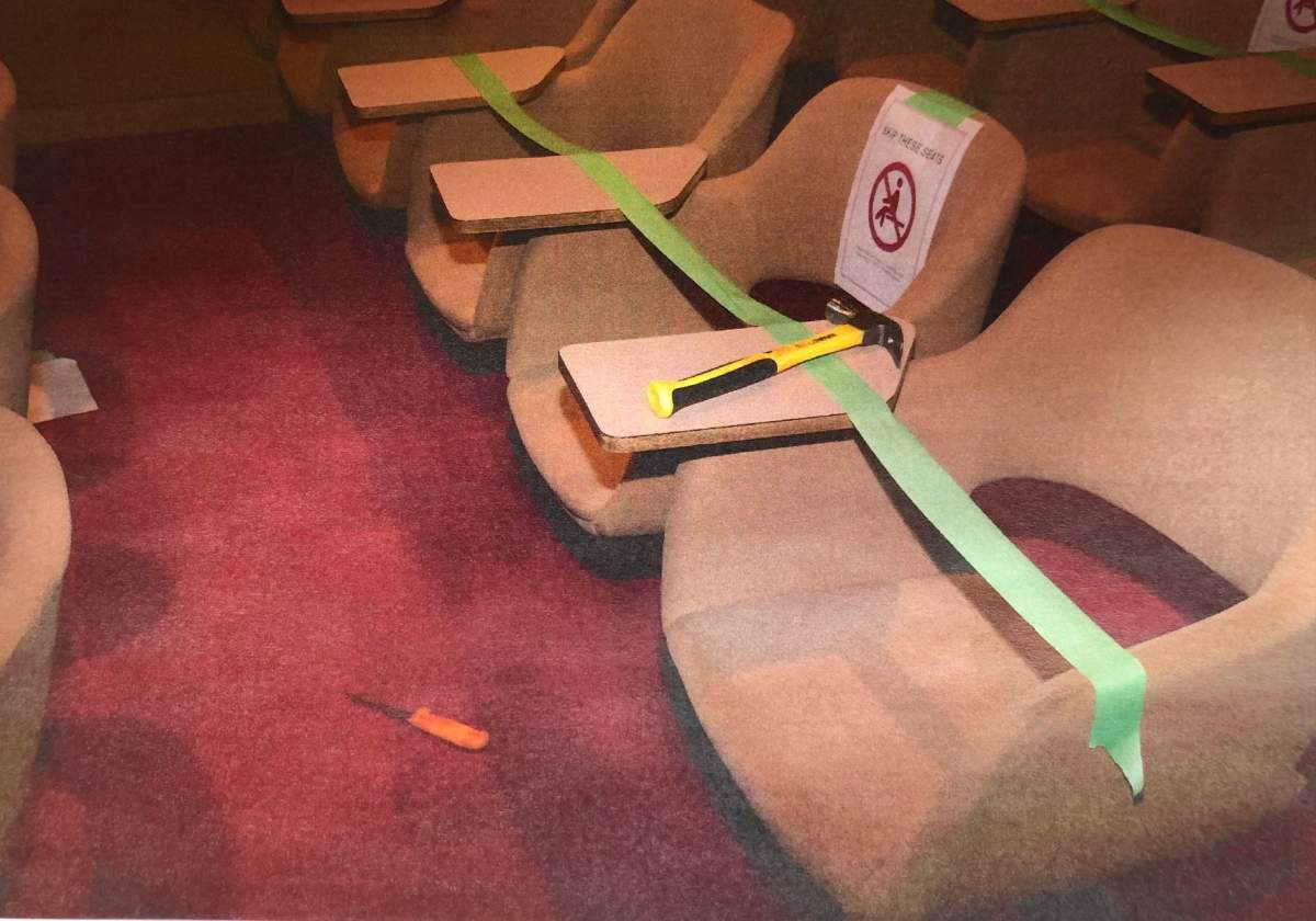 A photo shown at trial shows the aftermath of an alleged attack on a woman inside a Vancouver courtroom on May 25, 2021.