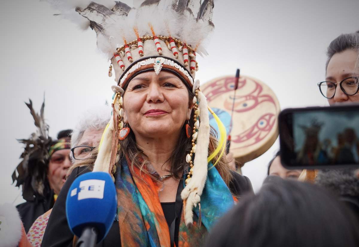 Tk'emlúps te Secwépemc Kúkpi7 Rosanne Casimir speaks with journalists outside Vatican City on March 31, 2022, after First Nations delegates completed a two-hour private meeting with Pope Francis.