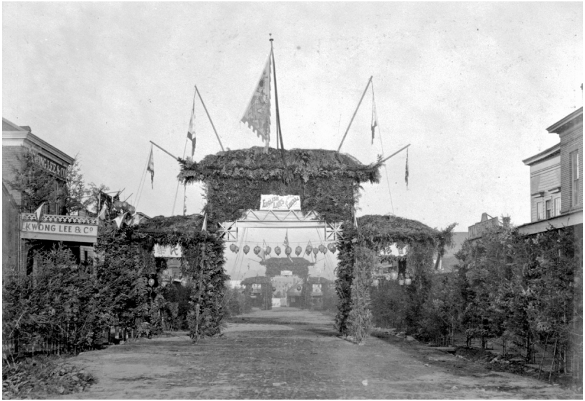A Kwong Lee & Co. storefront can be seen in this photo from 1876, showing an arch that was erected in Victoria's Chinatown on Cormorant Street in honour of the Governor General the Earl of Dufferin's visit.