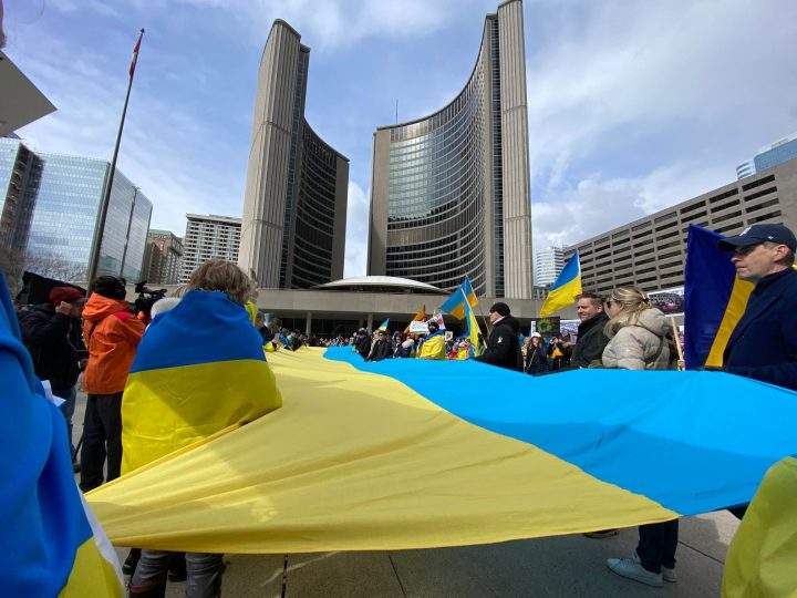 A solidarity rally in Toronto supporting Ukraine