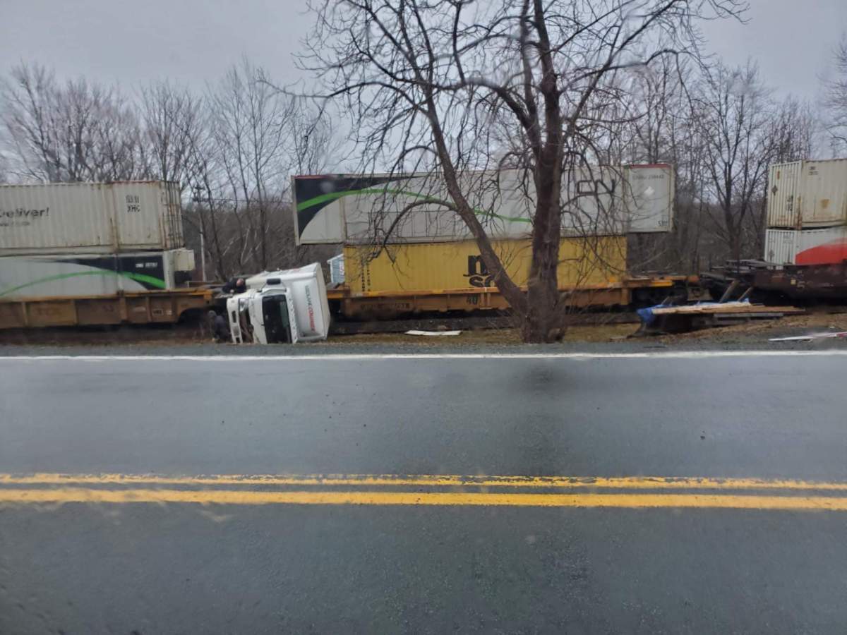 Nova Scotia RCMP say a cargo train and a cube truck collided on Friday morning.