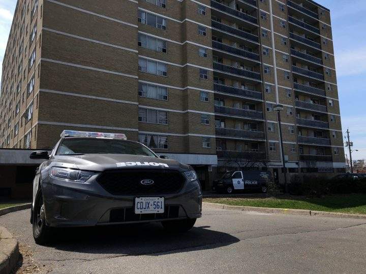 Police car outside the apartment building near Jane and Wilson in Toronto.